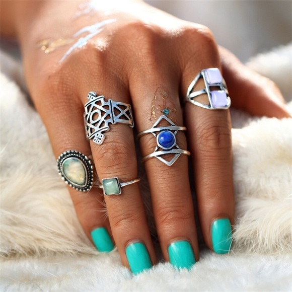 5 PCS Opal Crystal Mix Midi Ring Set - Picture 2 of 6